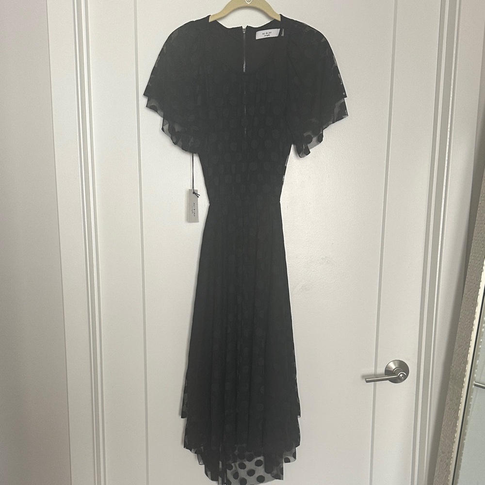 Ali & Jay Black Polka Dot Layered Flutter-Sleeve Midi Dress open back S